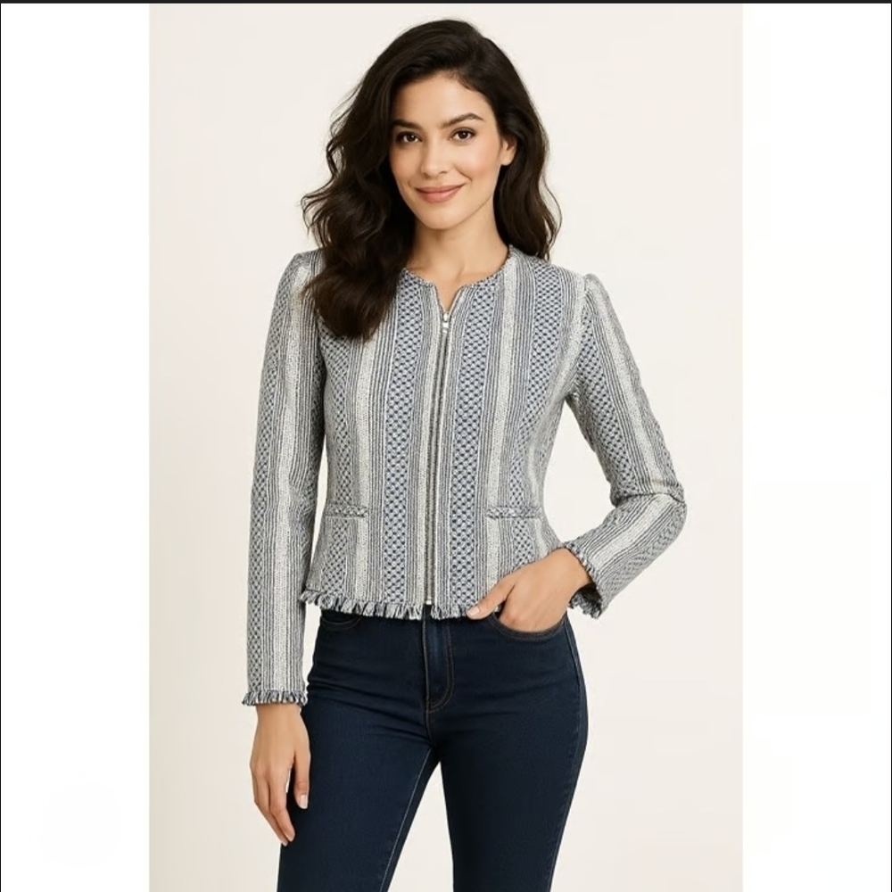 Adrienne Vittadini Stripe Cotton Tweed Zip Front Fringe Jacket S Blue Old Money